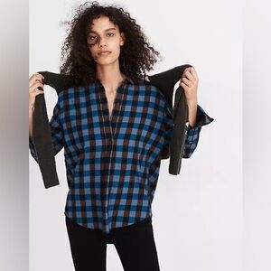Madewell Flannel Drop-Shoulder Popover Shirt in Blue Buffalo Check - Size Small